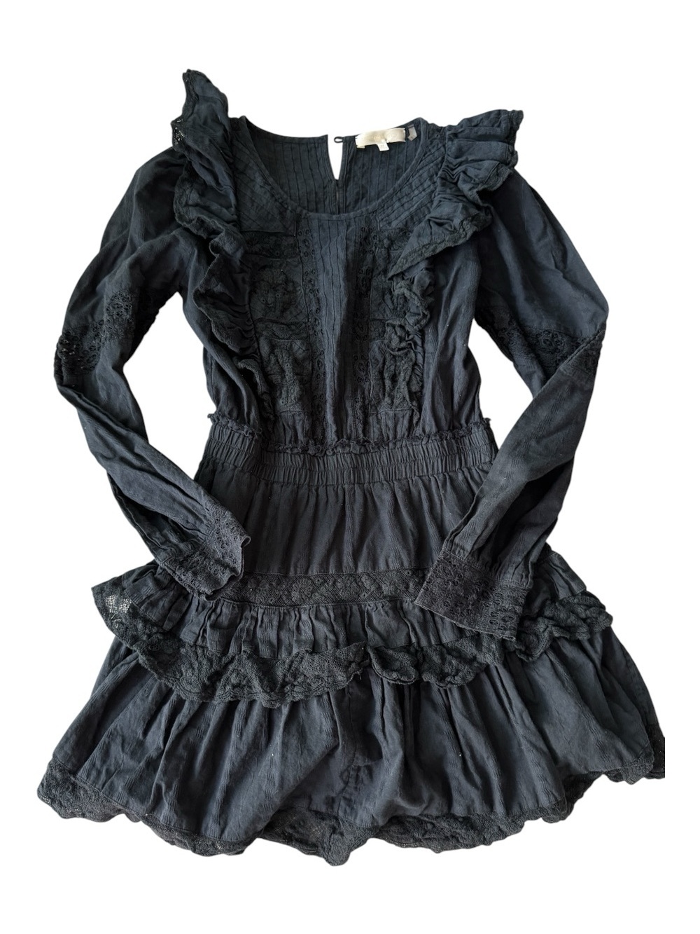 LoveShackFancy Black Ruffled Lace-Trim Mini Dress